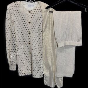 St John 3Pc Set Jacket Cardigan Pants Womens 6 Gold Sequins Scarf Vintage